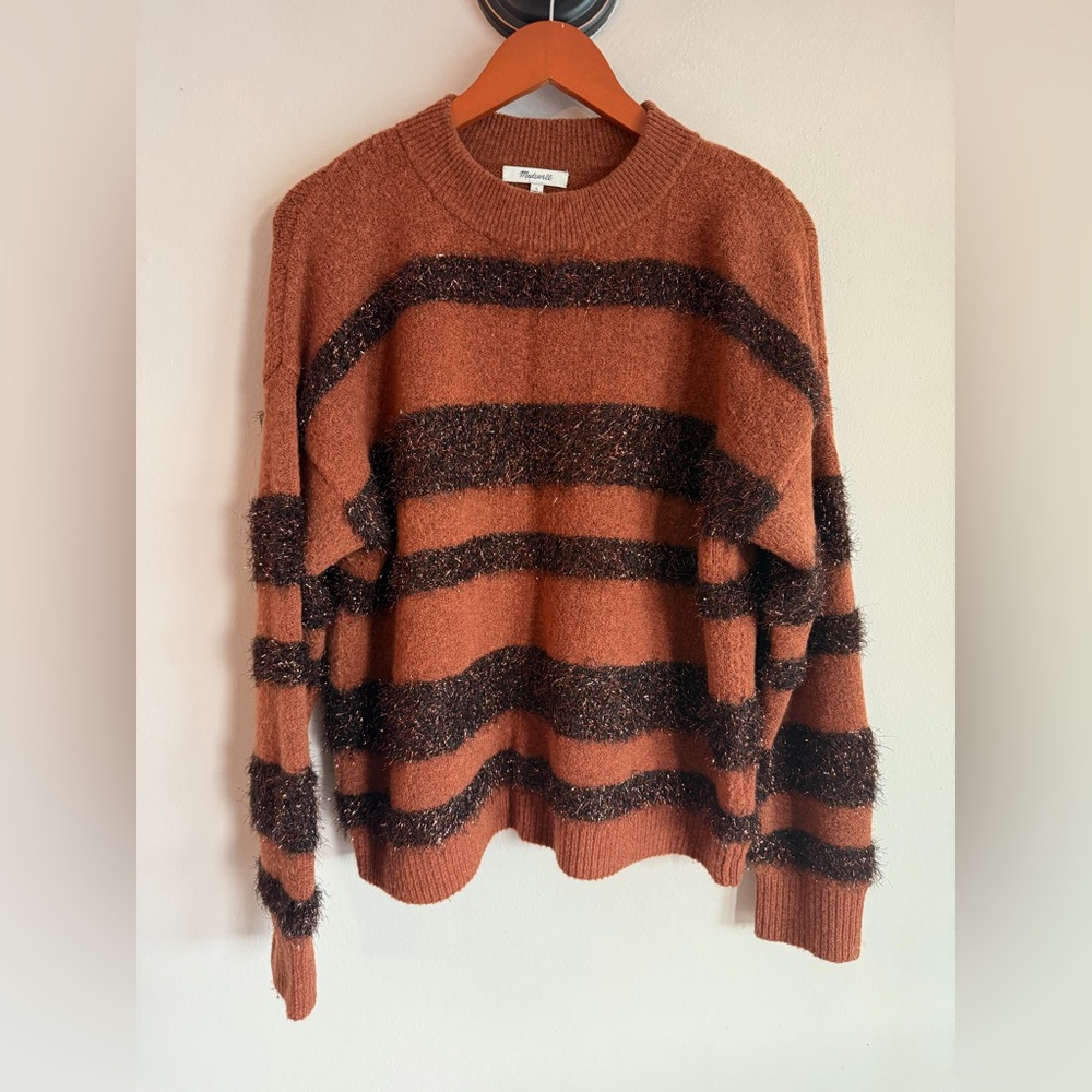 Madewell Tinsel Sparkle Stripe Knit‎ Stretch Crew Neck Pullover Sweater Brown L